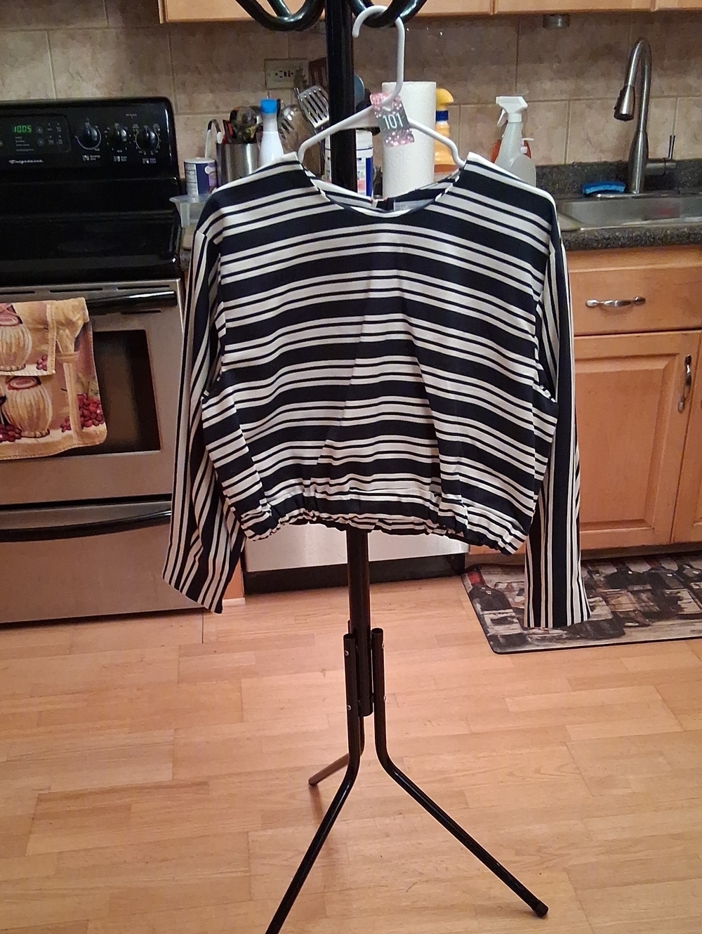 Striped Blue & White Cropped Long-Sleeve Top